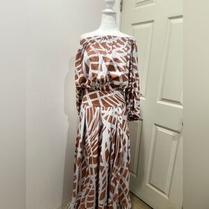PMD Off-Shoulder Brown and White Long Sleeve Dress
